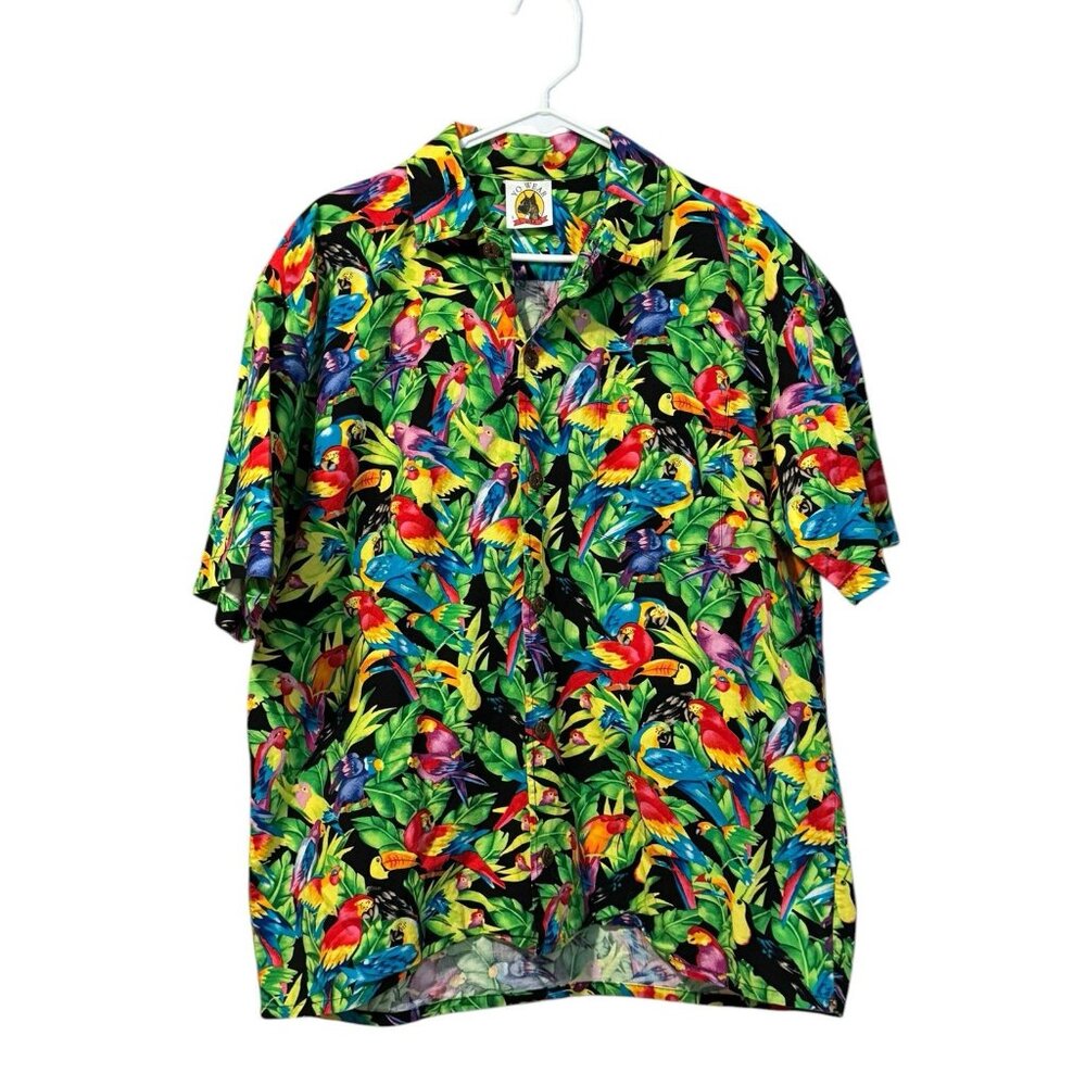 Yo Wear Hawaiian Camp Shirt Large Tropical Birds Parrots Toucans Bright Golf VTG